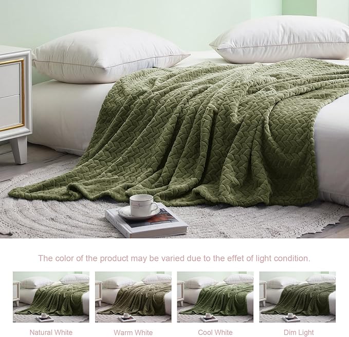 Exclusivo Mezcla Fleece Twin Size Blanket for Bed, 90x66 Inches Soft Cozy Jacquard Flannel Blankets, Lightweight Fuzzy Plush Warm for Winter, Olive Green