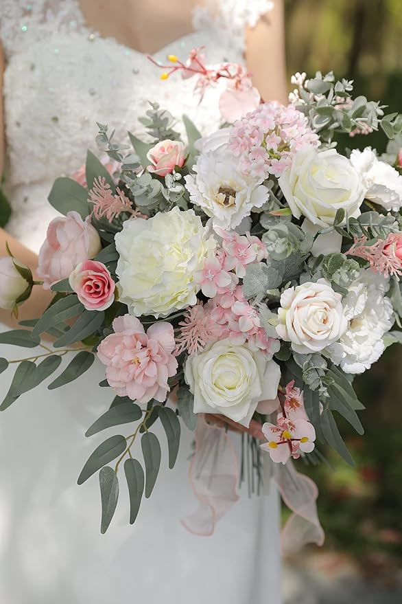 Artificial Flowers Combo Silk Mix Fake Flowers Leaf for DIY Wedding Bouquets Floral Centerpieces for Tables Party Baby Shower Home Decorations(Pink White)