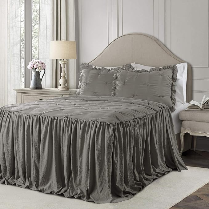Lush Decor Ravello Pintuck Ruffle Skirt Bedspread Set - Luxe 3 Piece Ruffled Bedding Set - Traditional Glam & Farmhouse Inspired Bedroom Decor - King, Dark Gray