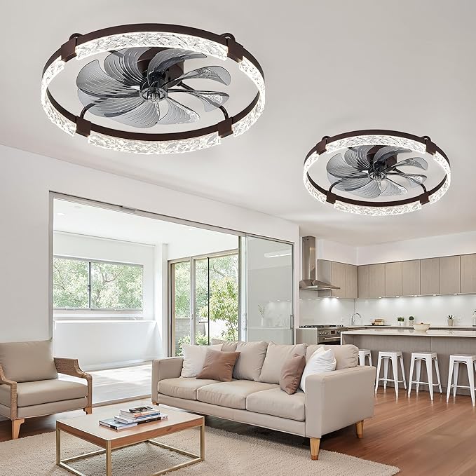 LEDIARY 2 Pack 24 Inch Modern Ceiling Fans with Lights and Remote, Dimmable Flush Mount Ceiling Fan, Brown Low Profile Ceiling Fan with 3 CCT and 6 Speeds