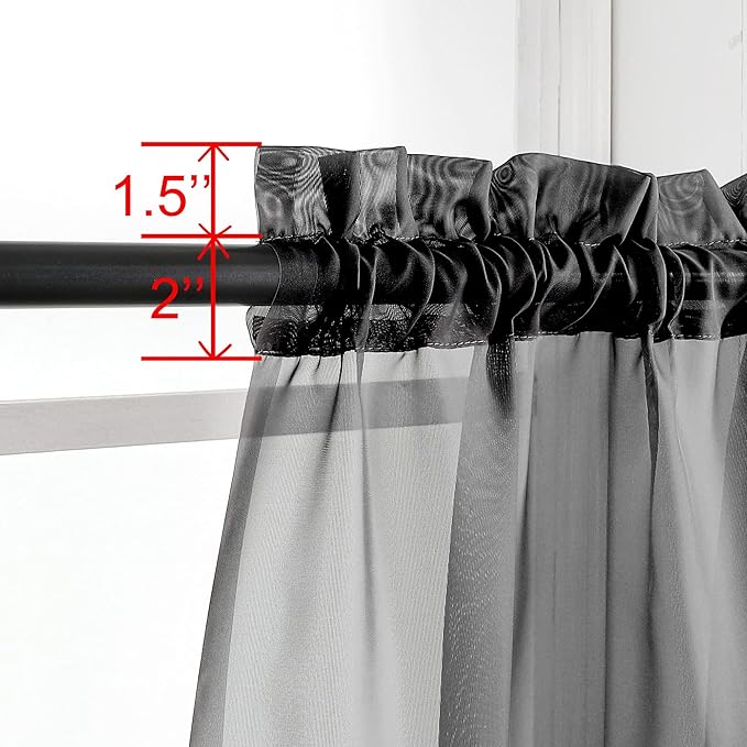 OWENIE Black Sheer Kitchen Valance for Windows Set of 2, Small Modern Rod Pocket Voile Valance Curtain Window Treatment Decor for Living Room Bathroom Cafe Laundry Basement, 42" W x 14" L