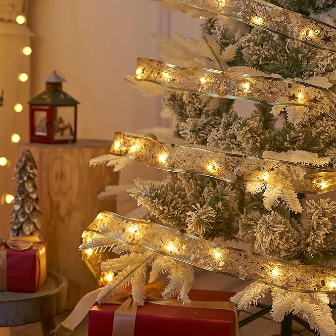 Christmas Ribbon Fairy Lights 33Ft 100 LED String Lights Battery Operated 2In Gold Foil Ribbon with Warm White Twinkle Firefly Lights Indoor Starry Holiday Decoration for Christmas Tree
