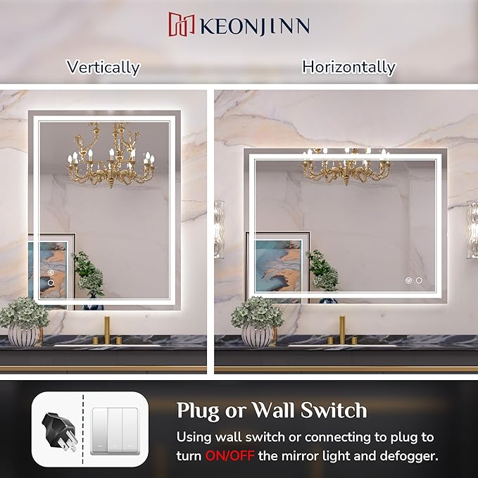 Keonjinn Large Bathroom Mirror with Light, 42 x 36 Inch LED Mirror for Bathoom, Frontlit Only, HD Tempered Glass, UL-Listed LED Driver, Anti-Fog, Dimmale 6000K, Easy Installation(Horizontal/Vertical)