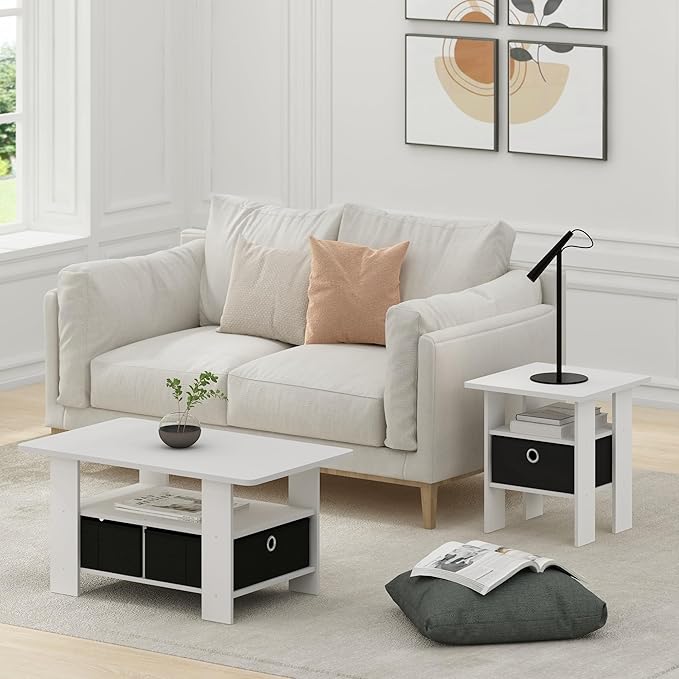 Furinno Andrey Side Table, End Table, Night Stand with Open Shelves and Storage Bin, Bedside Table, for Living Room, Bedroom, White