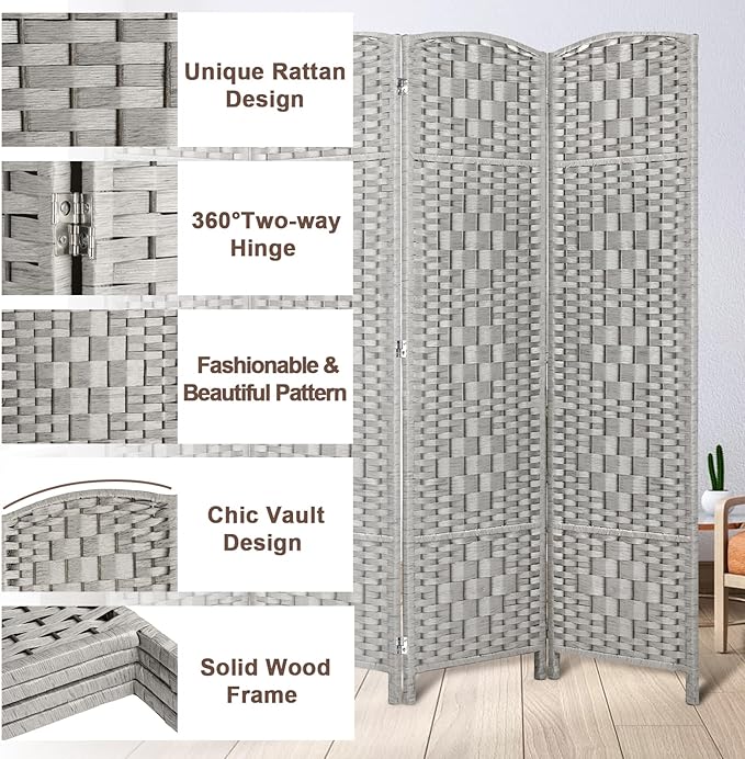 Rose Home Fashion 6 ft Tall Room Divider, Room Dividers and Folding Privacy Screens, 15.7in Privacy Screen 3 Panel Partition Temporary Wall Separation for Private, Stone Grey