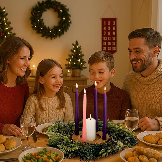 Mumufy 6 Pcs Advent Candle Holder Set Nativity Christmas Centerpiece Religious Decorations Rustic Wooden Advent Candlestick Holders with Purple Pink Taper Candles for Thanksgiving Christmas Nativity