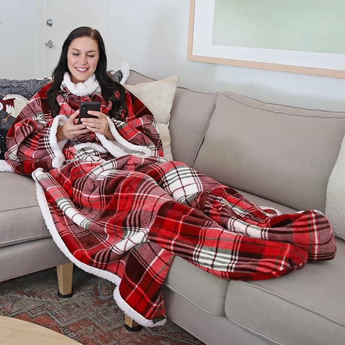 Catalonia Sherpa Wearable Blanket with Sleeves & Foot Pockets for Adult Women Men, Comfy Snuggly Wrap Sleeved Throw Blanket Robe, Gift Idea, Plaid
