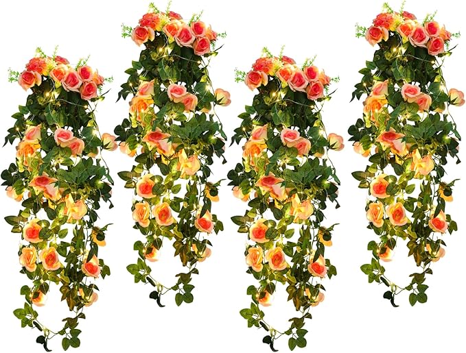 RECUTMS 4pcs Hanging Rose Flower Artificial Plants 32-in Fake Ivy Vine with 30 LED Fairy String Lights Outdoor UV Resistant Plastic Roses for Home Room Wedding Decor (Champagne)