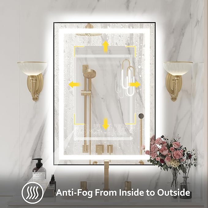 20"x 28" LED Bathroom Mirror with Black Frame, Bathroom Mirror with Lights Front and Backlit, Lighted Mirror Stepless Dimmable, Anti-Fog, Memory, LED Vanity Mirror with Lights 3 Colors
