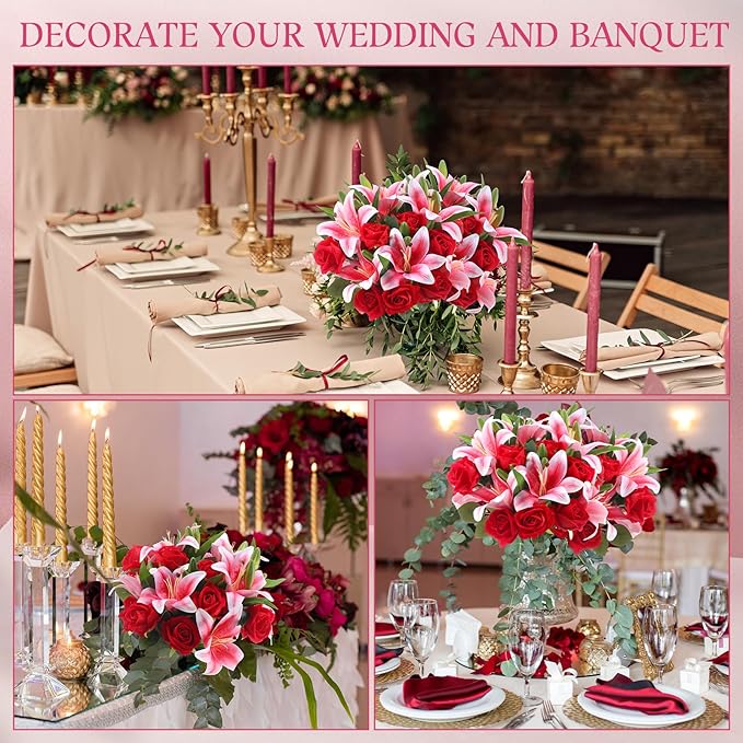 Hotop 20 Pcs Artificial Flowers Velvet Realistic Roses and Latex Lilies Flowers Bouquet Decorations Arrangements for Home Table Centerpieces Independence Day(Pink, Red)