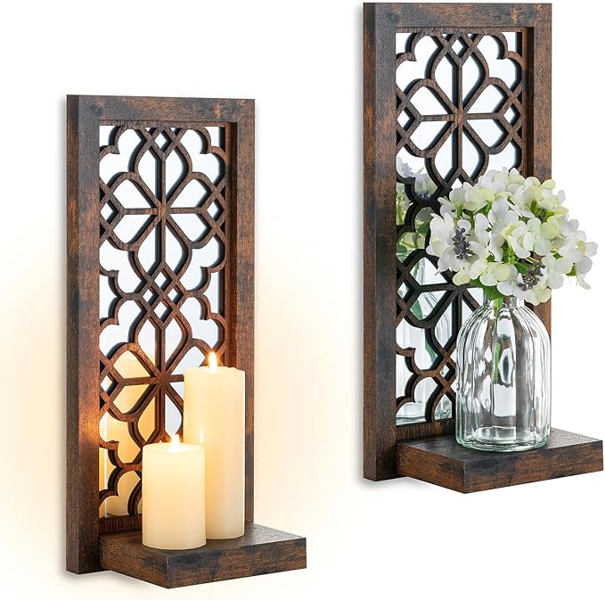 Wall Candle Holder for Farmhuose Decor: Decorative Rustic Folating Shelves Candle Sconces for Pillar Candles - Brown Wood Wall-Mounted Candle Shelf for Bathroom Fireplace