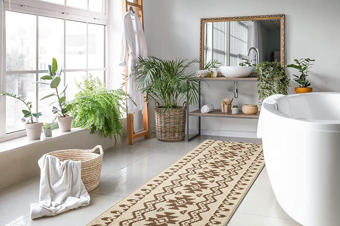 Custom Length Cut to Size Tribal Ethnic Southwestern Inspired Hallway Runner Rug, Non Slip Rubber Backed, 31 inch Wide X Customized Length, Aztec Beige, 31 inch X 10 feet