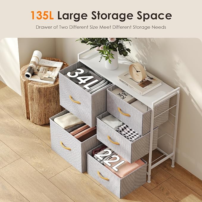 ROMOON Dresser for Bedroom, Storage and Organizers for Closet with 5 Drawers, Small Fabric Dresser and Chests of Drawers for Kids Bedroom, Nursery, Living Room, Hallway (Grey)
