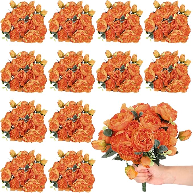 Hoteam 24 Bundles Artificial Peonies Flowers Wedding Faux Flowers Silk Peony Bouquet Bulk Bride Fake Florals Arrangements for Table Centerpieces Wedding Party Vase Decor (Orange)