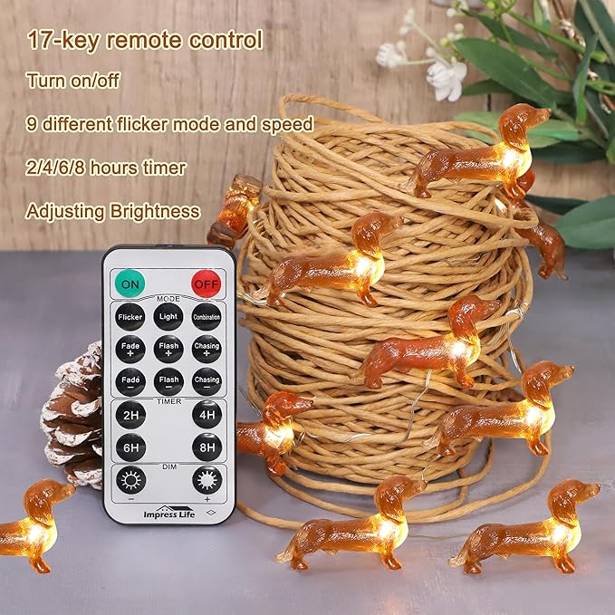 Impress Life Pet Theme Christmas Decorative String Lights, 10ft 30 LED Dachshund Dog Twinkle Lights, USB Battery Operated with Remote for Indoor Covered Outdoor Christmas Parties Ornament