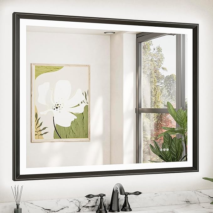 TETOTE LED Mirror for Bathroom Black Metal Frame 40x32 Frontlit & Backlit Lighted Vanity Mirror Baroque Gothic Anti Fog Stepless Dimmable White/Warm/Natural,CRI90+,Waterproof(Horizontal/Vertical)