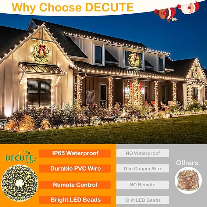 Decute 800LED 272ft Christmas String Lights UL Certified 8 Modes, Waterproof Outdoor Indoor Twinkle Starry Light for Christmas Tree Patio Garden Party Decor Warm White