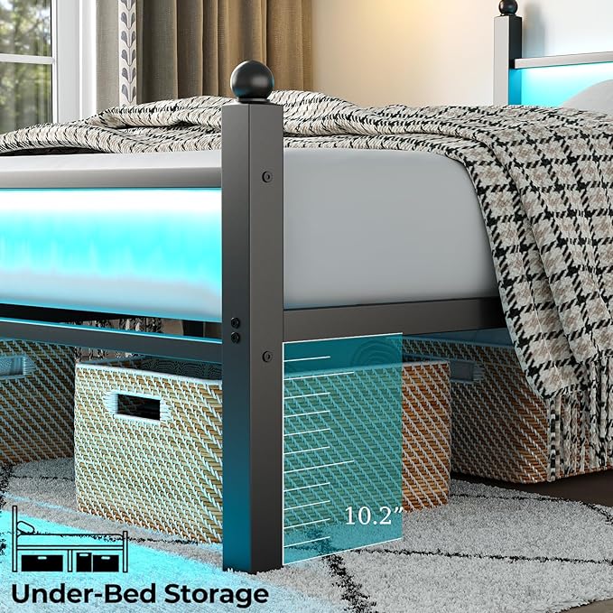 Queen Bed Frame with Headboard and Footboard, Metal Bed Frame with Charging Station and LED Lights, Under Bed Storage, No Box Spring Needed,Noise Free, Black