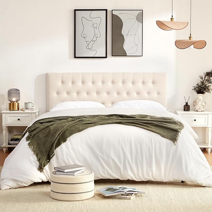 Tufted Upholstered Headboard King Size, Solid Wood Head Board with Durable Metal Legs, Adjustable Height Bed headboard from 37” to 51” Fabric Headboard in Modern Button Design, Beige