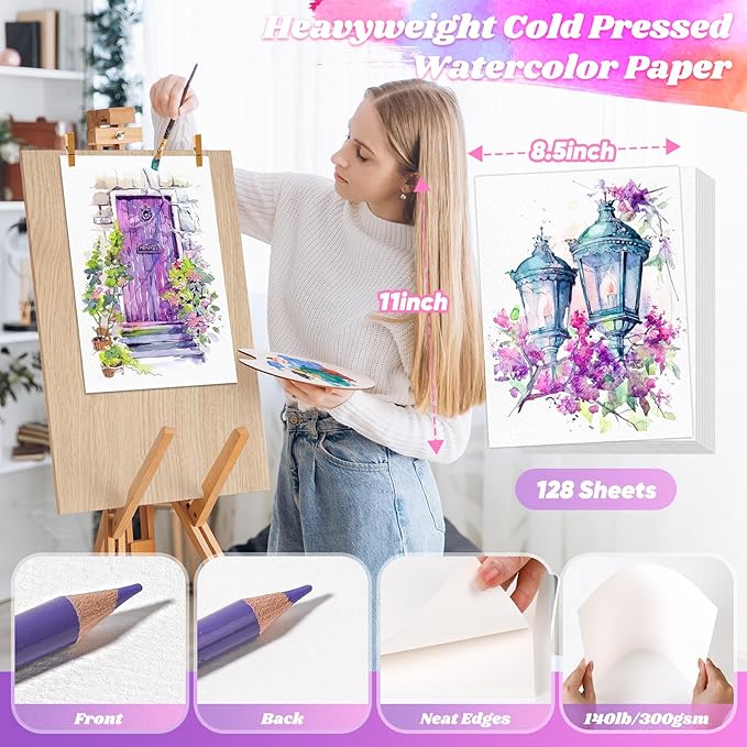 128 Sheets Watercolor Paper, Easter Basket Stuffers, 8.5"x11" Cold Press Water Color Paper, 140lb/300gsm Artist Sketch Easel Acrylic Painting Drawing Supplies for Watercolors, Watercolor Paint Set