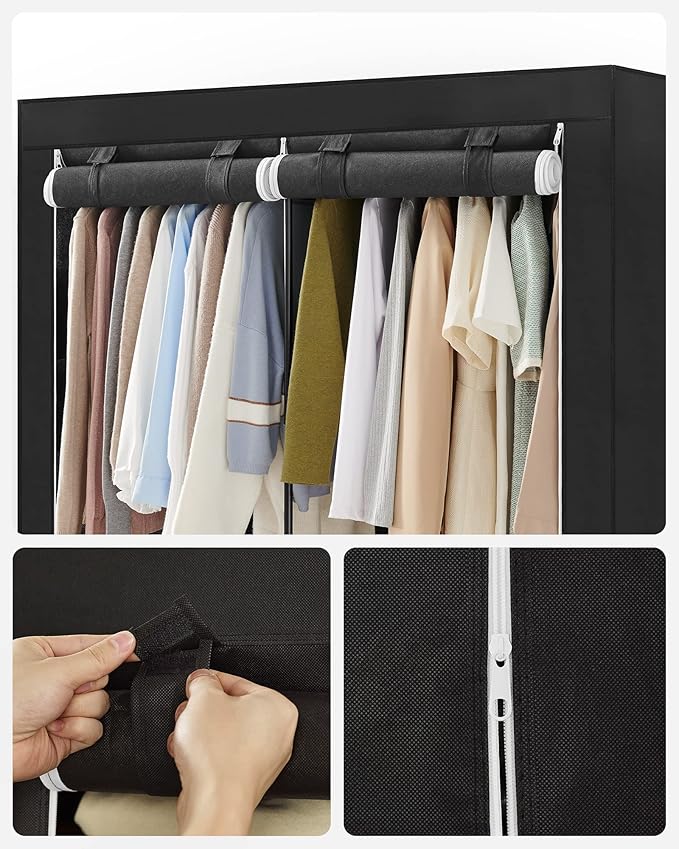 SONGMICS Portable Closet, Wardrobe Closet Organizer with Cover, 3 Hanging Rods and Shelves, 4 Side Pockets, 51.2 x 17.7 x 65.7 Inches, Large Capacity for Bedroom, Living Room, Ink Black URYG092B02