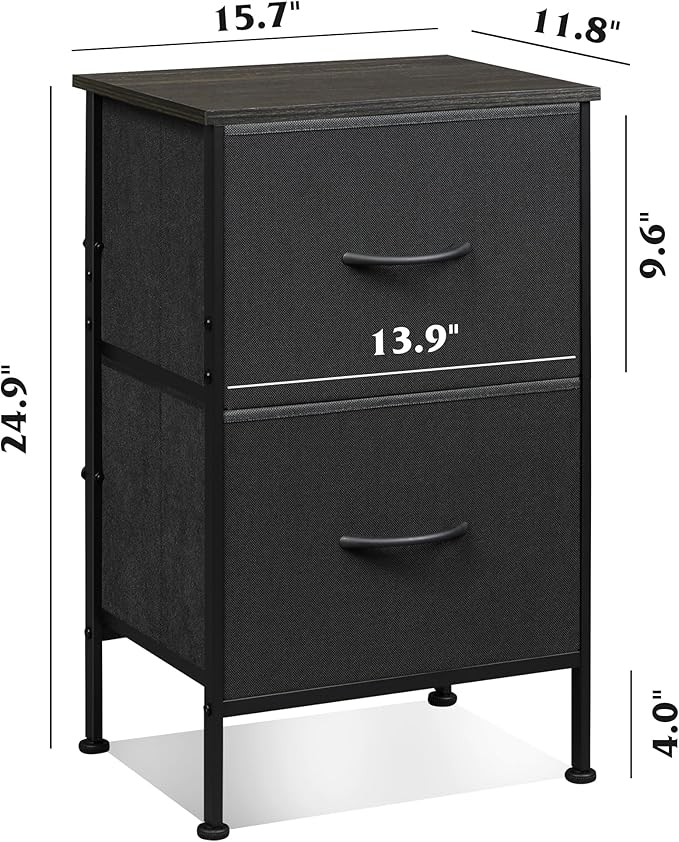 WLIVE Black Night Stand, Nightstand with 2 Drawers, Small Dresser for Bedroom, Bedside Table Furniture, College Dorm, End Table with Fabric Bins, Size L 24.9" H