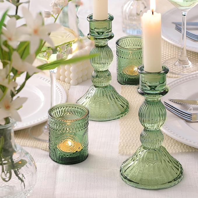 DARJEN Green Candlestick Holders Set of 4 - Vertical Stripe Glass Candle Holders for Candlesticks and Taper Candles, Taper Candle Holder for Wedding, Home, Decor & Table Centerpieces