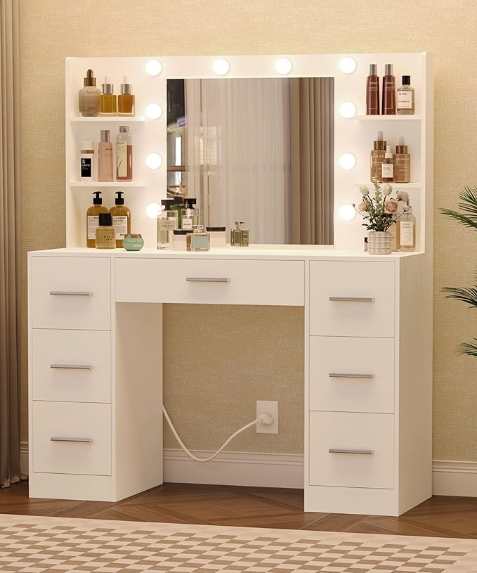 Irontar Makeup Vanity Desk with Mirror, 43.3" L Vanity Table with 10 LED Lights & 7 Metal Sliding Drawers, Brightness Adjustable & Open Shelves, for Women, Wife, White