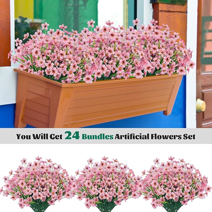 Lnoicy 24 Pcs Artificial Flowers for Outdoor,Plastic Flowers Decoration, UV Resistant Faux Flowers Shrubs, Artificial Plants for Indoor Outside Garden Home Wedding Farmhouse(Pink)