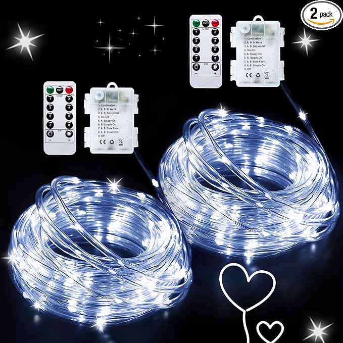 JMEXSUSS 2 Pack Rope Lights Battery Operated String Lights Outdoor Waterproof, Total 66ft 200 LED 8 Modes White Battery Powered Light with Remote for Canopy Tent Camping Patio Garden Decor