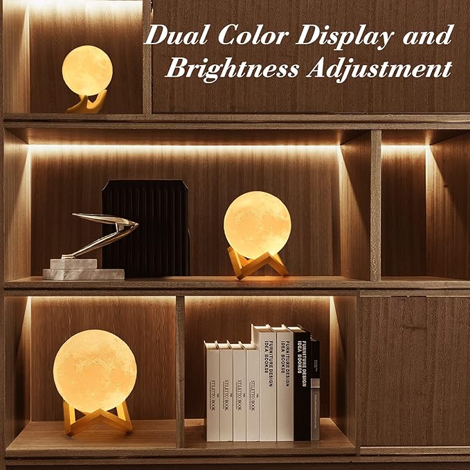 Mydethun Moon Lamp 3D Night Light - 5.9' Christmas Table Decor w/Wooden Base, Gift for Women, Mom & Kids, Bedroom Decor w/Touch-Dimmable & USB Rechargeable, Dual-Color White/Warm Yellow