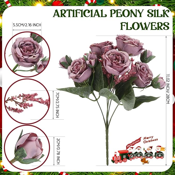 Geosar 8 Bundles Artificial Peonies Flowers Fake Silk Peony Bouquet Faux Peonies Flowers Bulk for Decoration Vase Floral Arrangements Wedding Party Table (Wine Red,Gray)