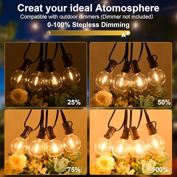 100ft 2-Pack Outdoor String Lights,Dimmable G40 LED String Lights with 52 Shatterproof Clear Bulbs UL Approval Waterproof Globe 1W 2700K Outdoor Lighting for Backyard Porch Cafe Party Wedding Garden
