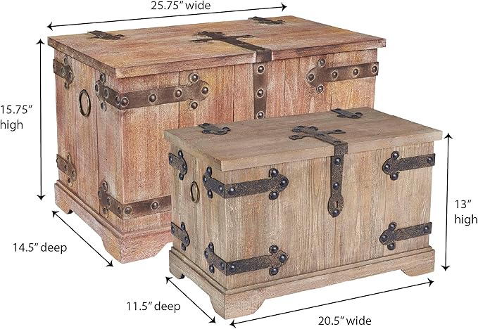 Household Essentials 2 Piece Decorative Trunks, Victorian Set, Small and Large, Chinese Fir Wood, Aged-Wood Finish with Metal Accents, Fully Opening Lid, Stout Design, Ring Handles