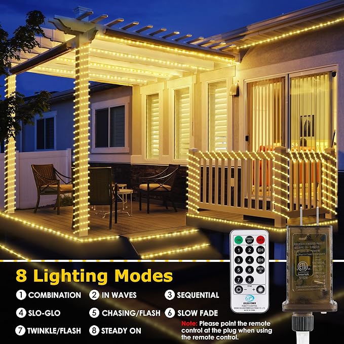 OMIKA 50ft Connectable Outdoor Rope Lights, 600 LED Warm White Strip Light Plug in for Indoor with Waterproof 8 Modes, Outdoor String Lights for Garden, Backyard, Patio, Deck, Pool, Camping Decor