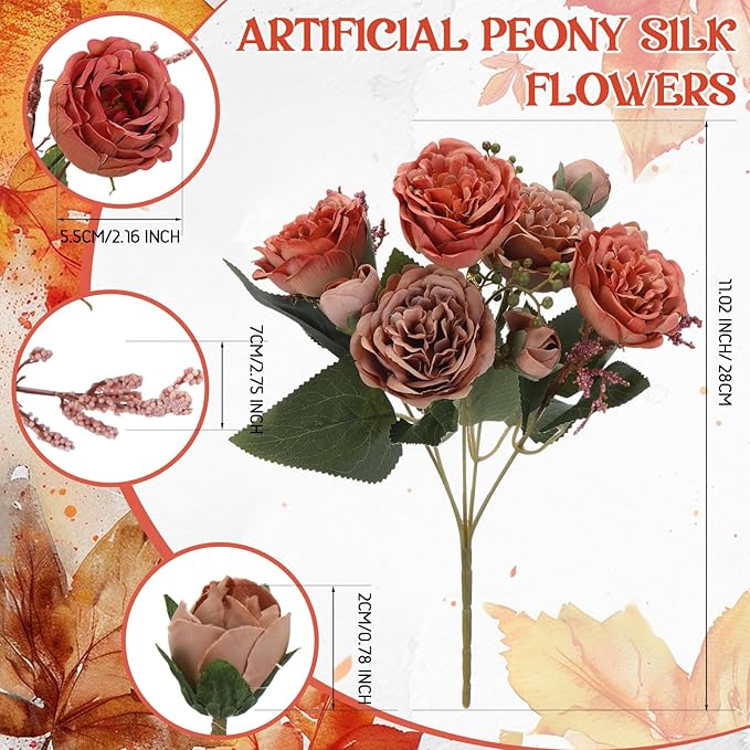 Geosar 16 Bundles Artificial Peonies Flowers Fake Silk Peony Bouquet Faux Peonies Flowers Bulk for Decoration Vase Floral Arrangements Wedding Party Table (Orange,Brown)