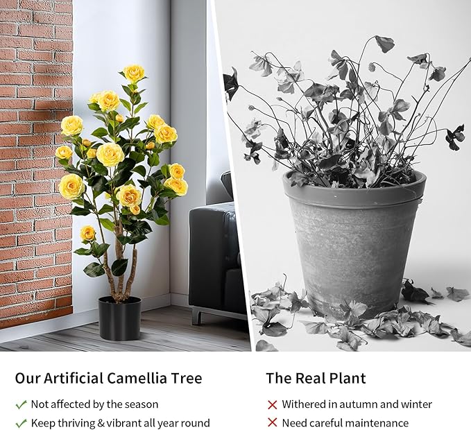 Artificial Camellia Tree 2 Pack, Artificial Plants Outdoor Faux Plant in Cement Pot Fake Yellow Silk Camellia Tree Plants for Home House Living Room Office Decor (Yellow (2 Pack))