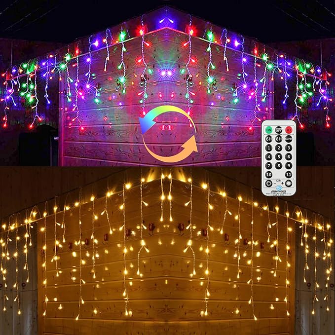 Toodour Christmas Icicle Lights Outdoor, 2 in 1 Warm White & Multicolor Color Changing Icicle Lights with 60 Drops, 29.5ft 360 LED Christmas Light Fairy Twinkle Light for Wedding Home Xmas Decor