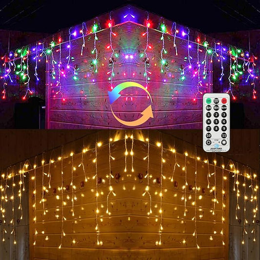Toodour Christmas Icicle Lights Outdoor, 2 in 1 Warm White & Multicolor Color Changing Icicle Lights with 60 Drops, 29.5ft 360 LED Christmas Light Fairy Twinkle Light for Wedding Home Xmas Decor
