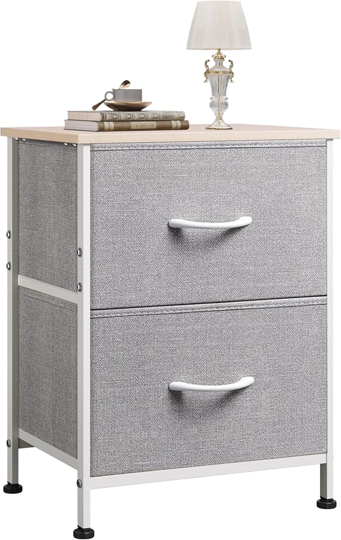 WLIVE Night Stand, Gray Nightstand with 2 Fabric Drawers, Small Dresser for Bedroom, Closet, College Dorm, End Table Side Furniture, Wood Top, Light Grey