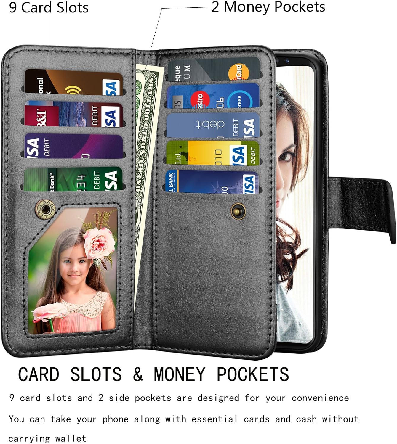 NJJEX PU Leather Wallet Case for Galaxy S9, Magnetic Folio Flip Cover, 9 Card Slots, Kickstand, Wrist Lanyard, Black