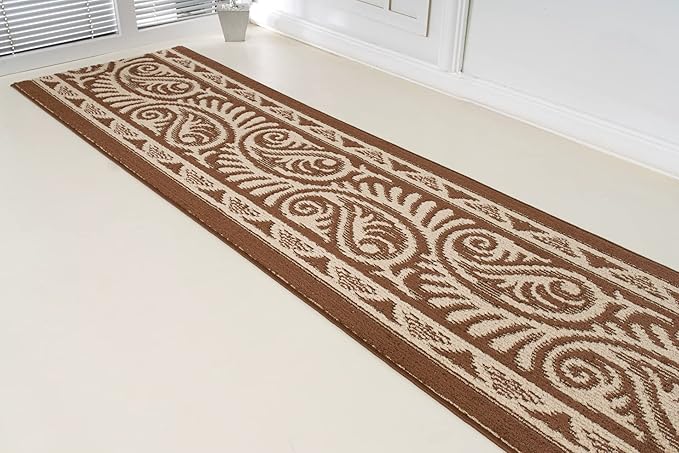 Custom Length Cut to Size Tribal Ethnic Southwestern Inspired Hallway Runner Rug, Non Slip Rubber Backed, 31 inch Wide X Customized Length, Mayan Brown, 31 inch X 25 feet