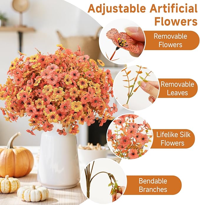 SHareconn 48 Bundles Artificial Fall Flowers for Outdoors Decoration, UV Resistant Silk Eucalyptus Lavender Faux Autumn Fake Plants for Outside Indoor Garden Yard Porch Home Decor, Autumn Orange-Red