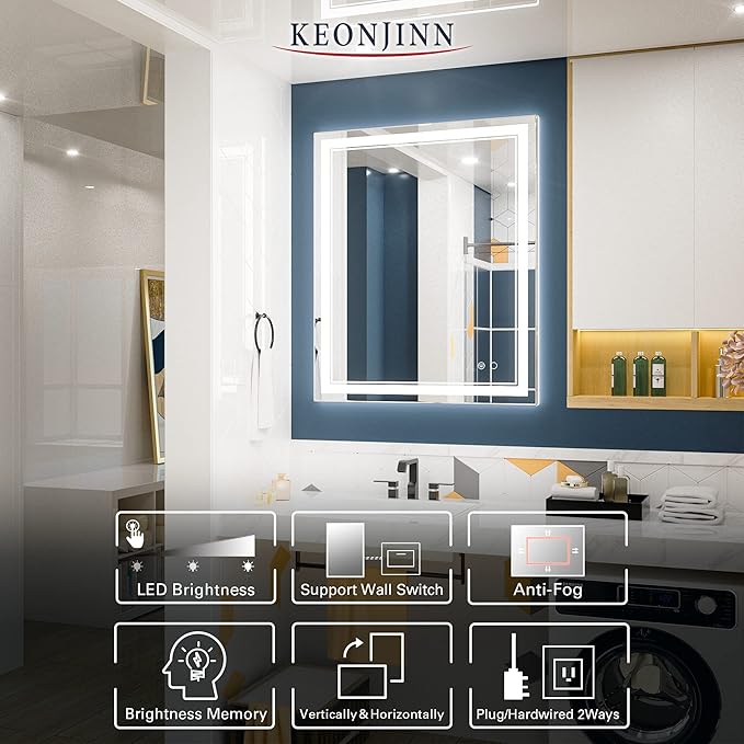 Keonjinn LED Bathroom Mirror, Lighted Vanity Mirror with Lights, 30 x 36 Inch, Dimmable, Anti-Fog, IP54, 6000K, Wall Mounted