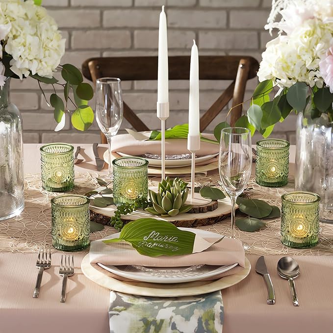 DEVI 24pcs Green Votive Candle Holders for Wedding, Glass Tea Lights Candle Holder, Green Baby Shower St. Patrick's Day Table Decor, Vintage Depression Glass Candle Holders for Table Centerpiece