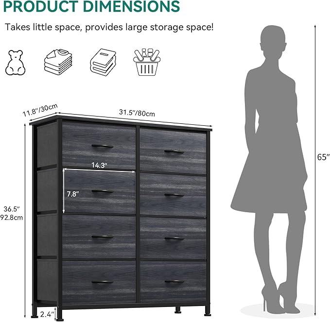 YITAHOME Dresser with 8 Drawers - Fabric Storage Tower, Organizer Unit for Bedroom, Living Room, Hallway, Closets - Sturdy Steel Frame, Wooden Top & Easy Pull Fabric Bins, Burlywood Grain