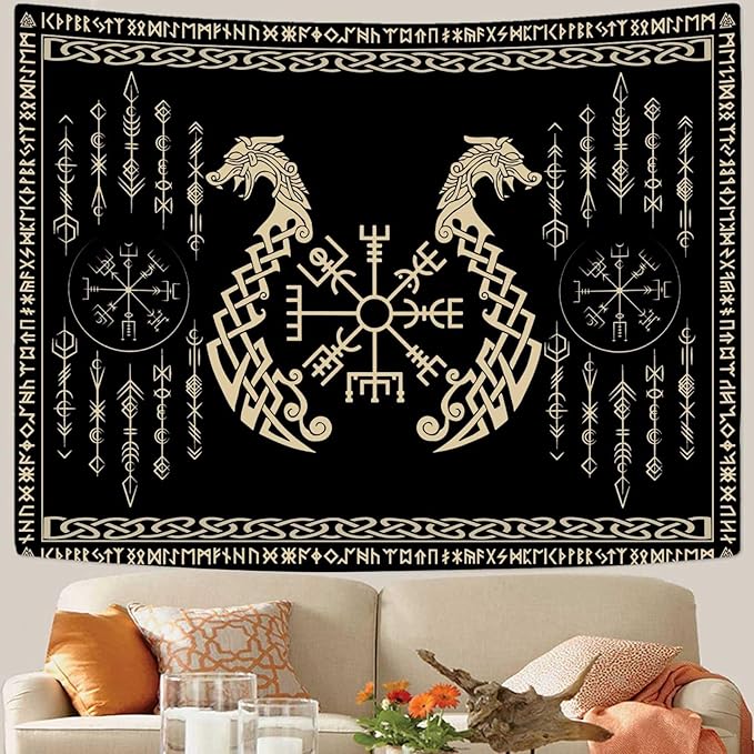 OSUNBD Nordic Vikings Tapestry, Small 6051 inches Soft Flannel, Vegvsir Symbol Twins Dragons Celtic Rune Scandinavian Aesthetic Mythology Tapestry Wall Hanging for Bedroom Living Room Decor