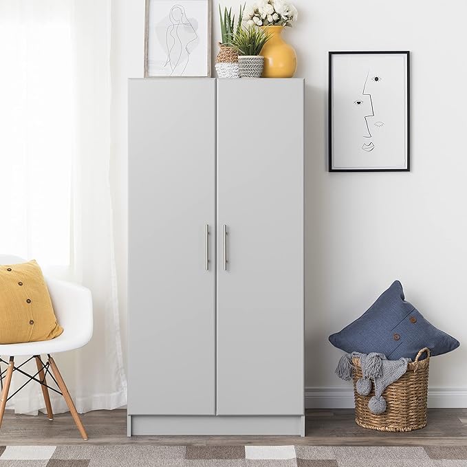 Prepac Elite 32" Storage Cabinet, Light Gray Storage Cabinet with Hanging Rail and Shelves for Living room, Kitchen and Laundry room 24.5" D x 32" W x 65" H