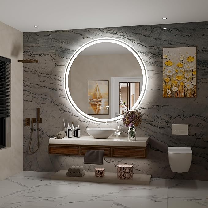 32 Inch Frameless Round Lighted Bathroom Mirror with Front & Backlit - 6000K Daylight, Dimmable, Anti-Fog, CRI 90+, 5mm HD LED Mirror