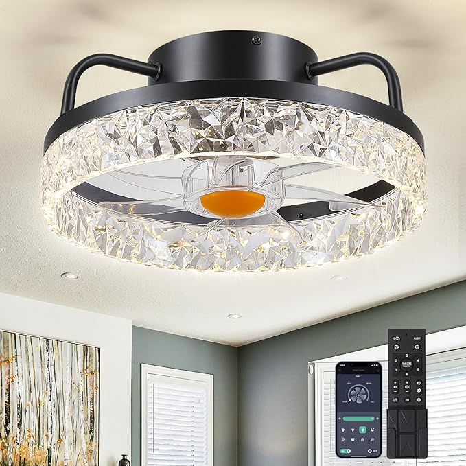 13" Ceiling Fans with Lights and Remote - Flush Mount Low Profile Ceiling Fans - Bladeless Enclosed Fans with Led Light and Stepless Dimming, Small Modern Fan for Bedroom